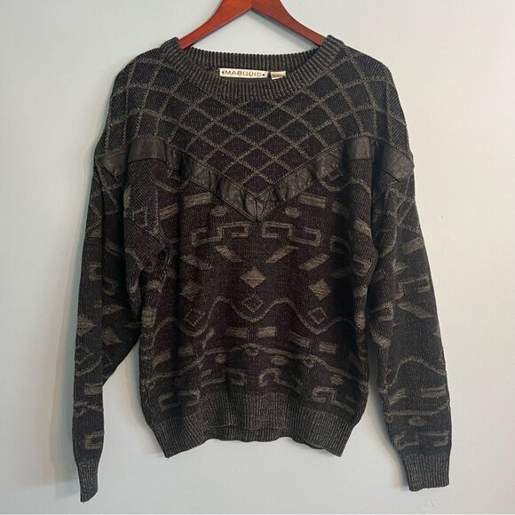 Vintage 90’s Men's Black/Grey Sweater Sz Large 100% ACRYLIC/vegan leather - Picture 1 of 12